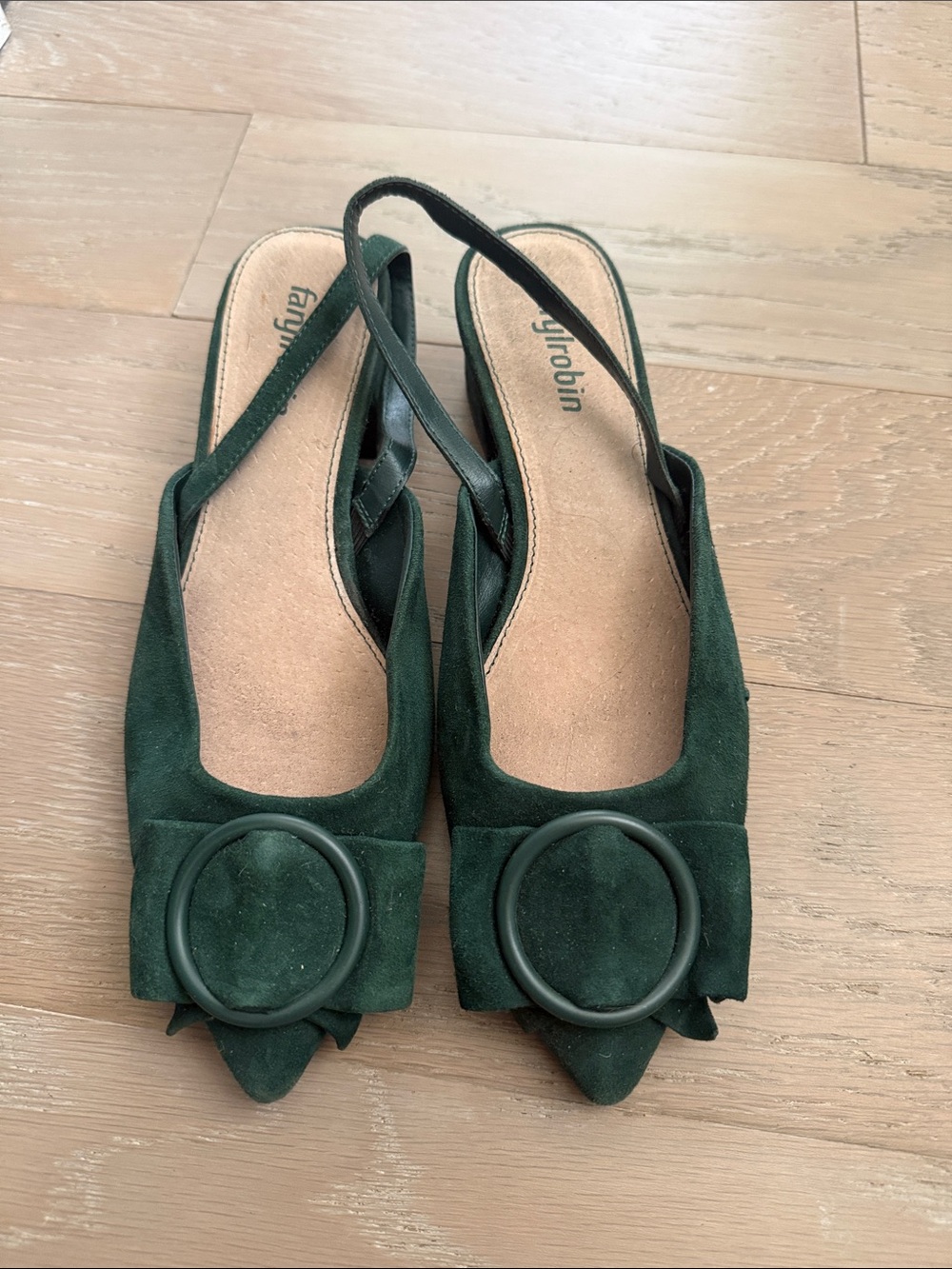 Farylrobin Forest Green Suede Slingback Flats with Decorative Round Buckle